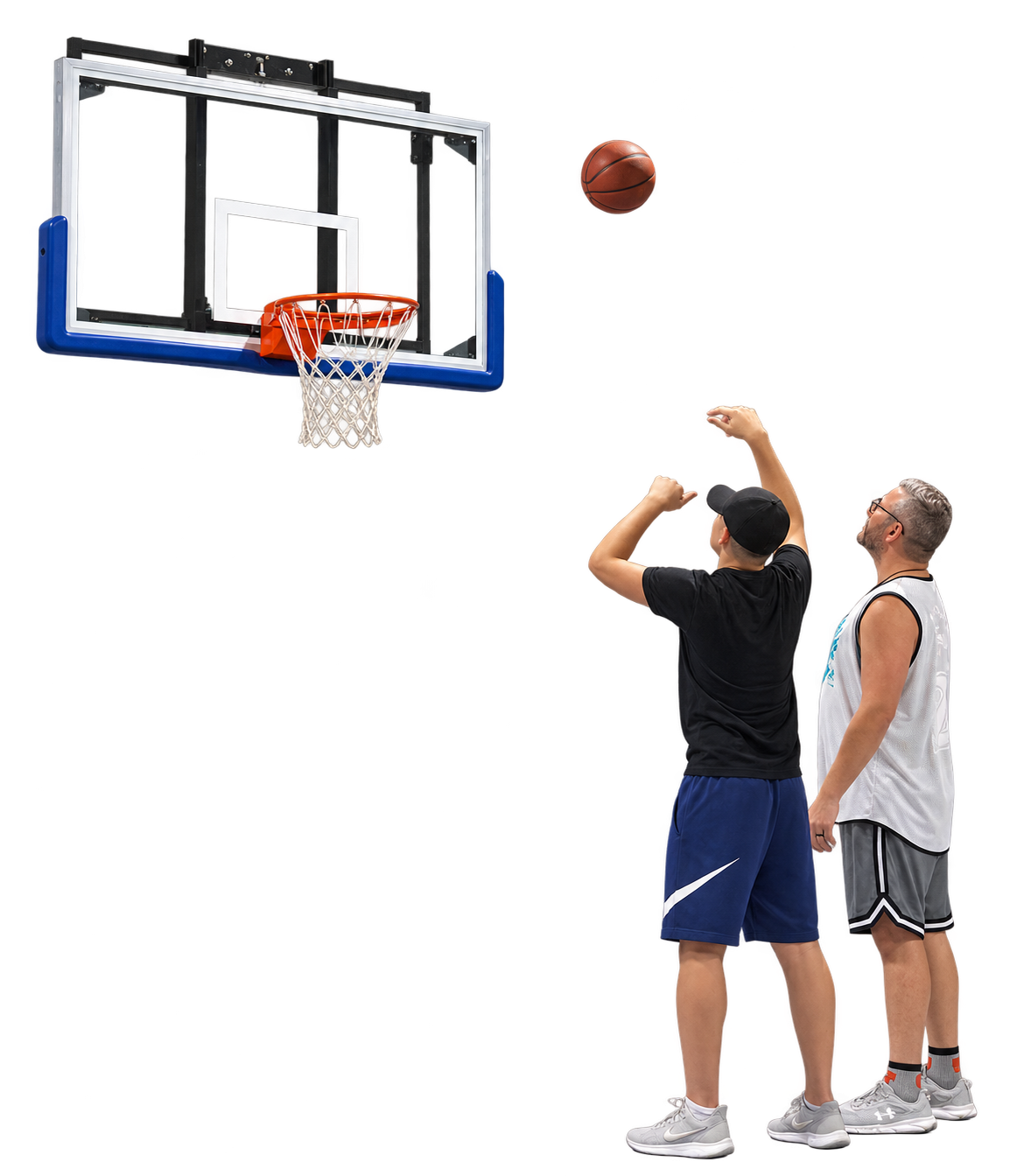 A player follows through on a shot while Coach Dave watches, with the basketball and hoop visible.