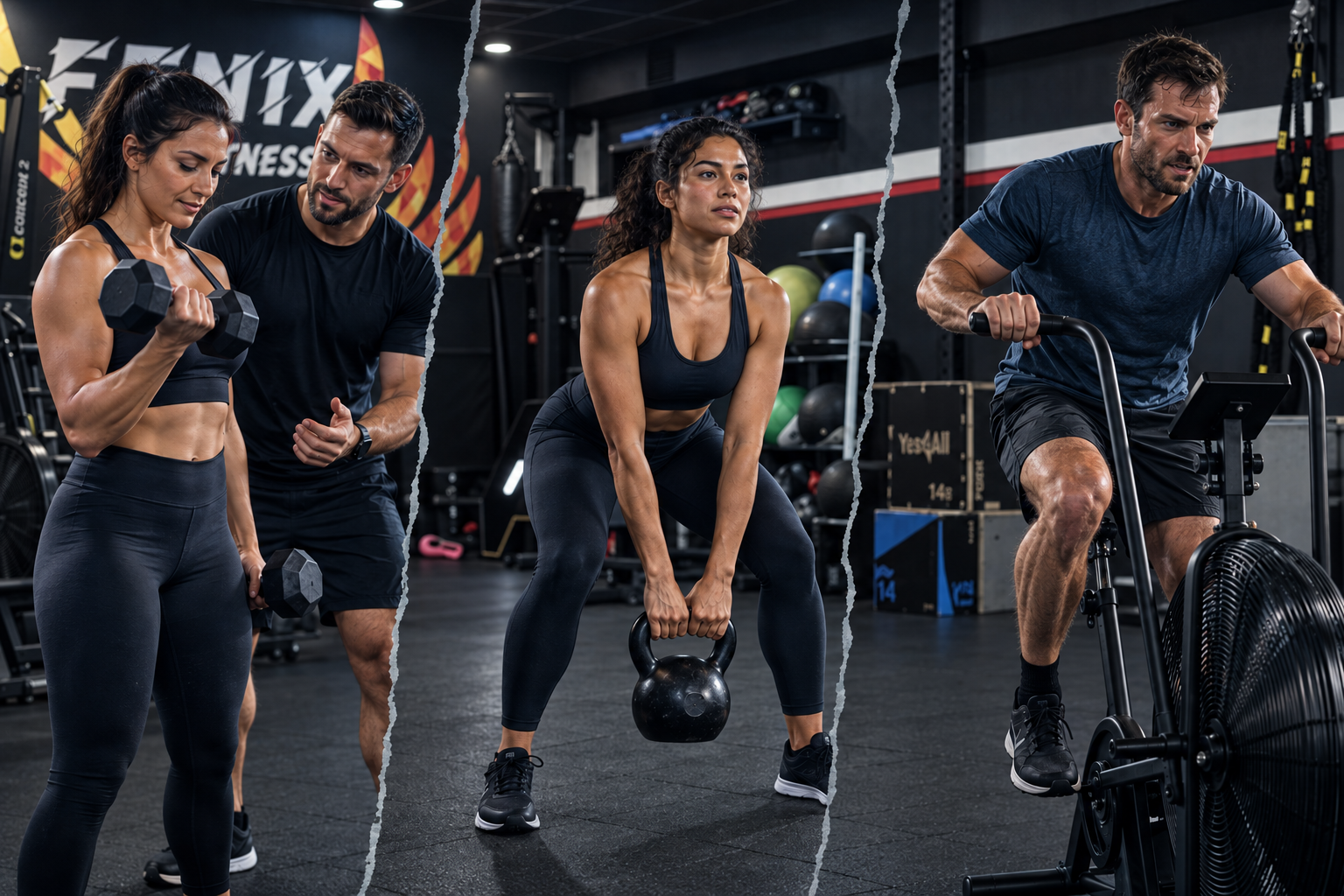 Training collage showing guided dumbbell exercises, kettlebell strength work, and air bike cardio.